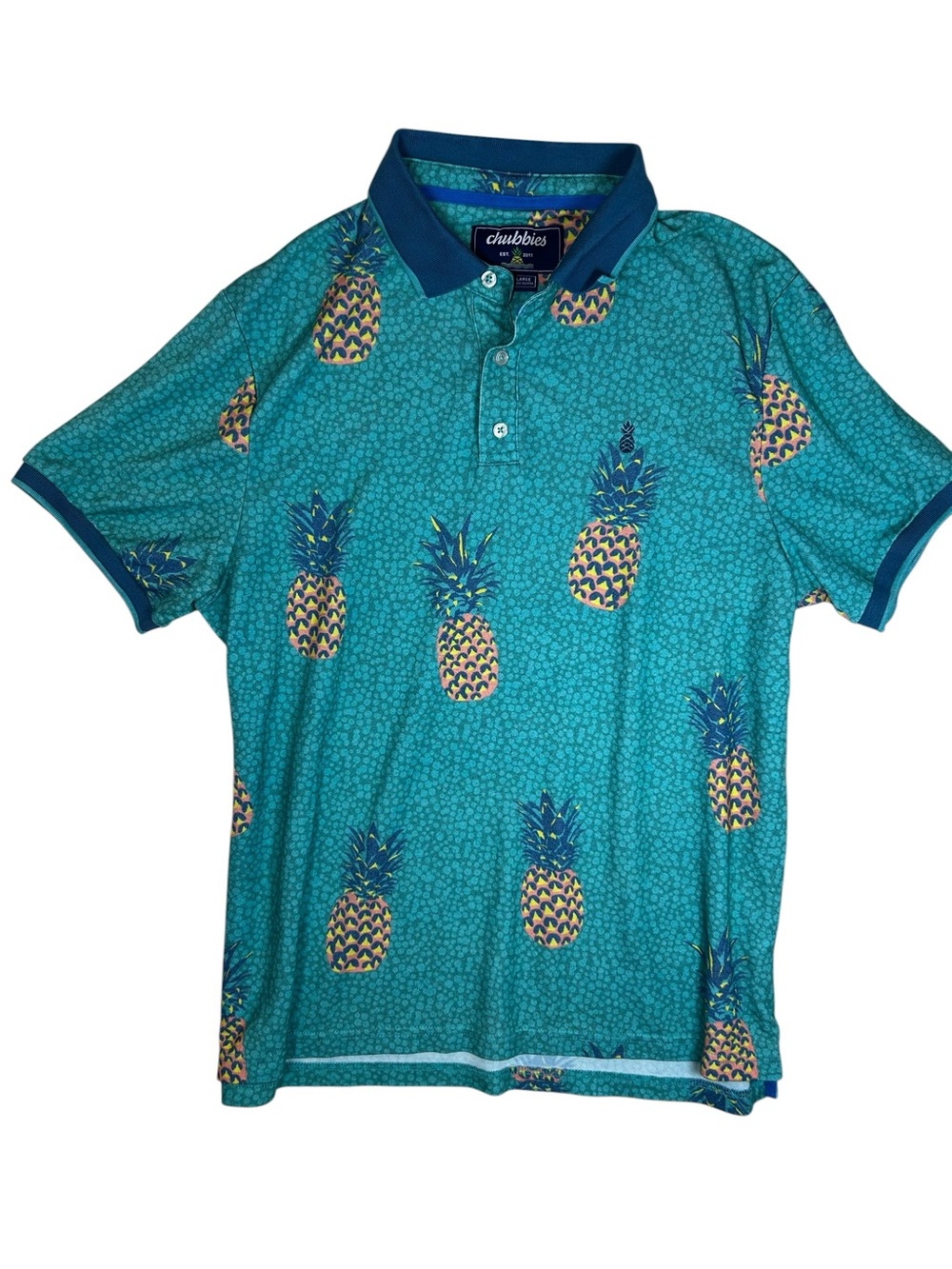 Chubbies Polo Shirt Men’s Large Blue Teal Short Sleeve All Over Pineapple Golf